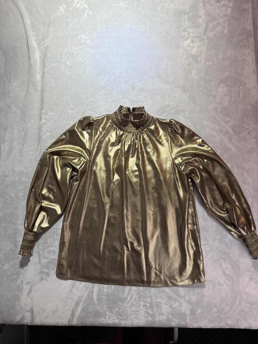 Karl Lagerfeld Paris Metallic Mock Neck Blouse Gold Liquid Foil Smocked Womens S